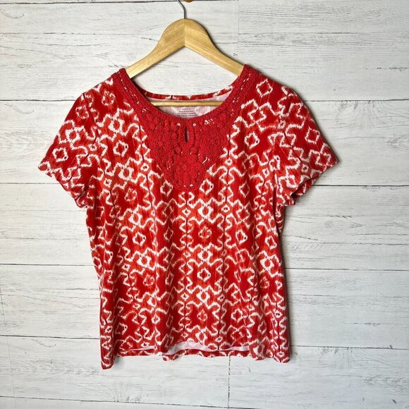Charter Club Top Womens Size P/L Red & White Geometric Embroidered Chest Cotton - Picture 3 of 16